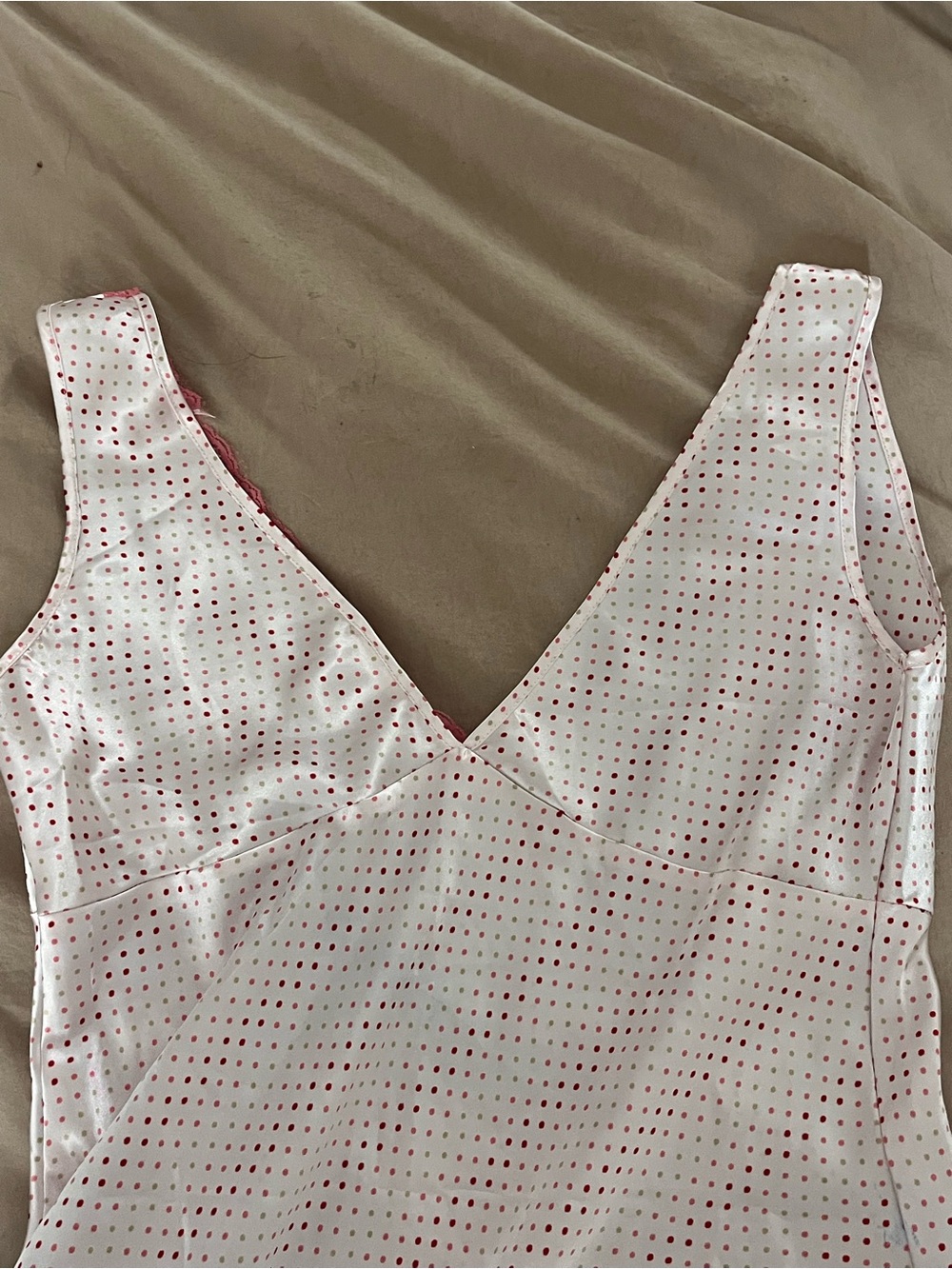 Vintage Pink Polka Dot Satin Chemise with Pink Lace Trim - Picture 6 of 6